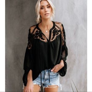 Black Chiffon Blouse With Mesh And Lace